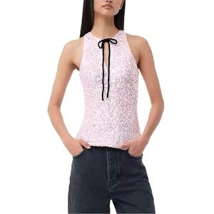 Pink Sequins Cropped Top Full Sequins Luxury Slim Top With Velvet Self Tie Tank